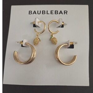 BaubleBar Gold Tone Earring Set Pave Lemon Charms‎ Triple Hoops Nordstrom 61421